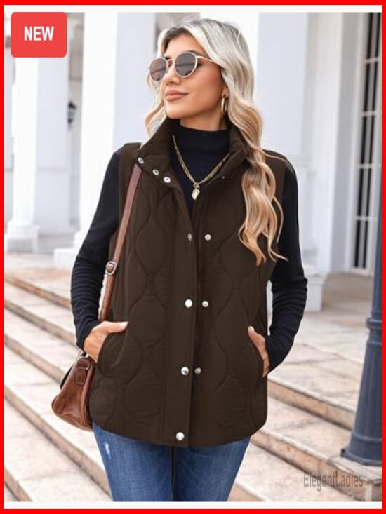 Women's Sleeveless Puffer Vest Quilted Jacket Lightweight Snap Zip Up - Picture 3 of 7